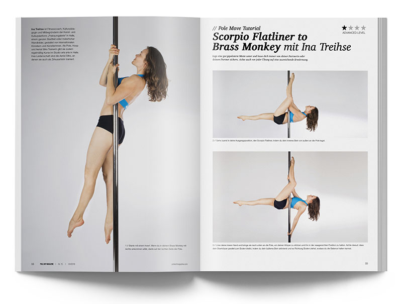 Pole Art Magazine Nr. 15 - Pole Dance Tutorial: Scorpio Flatliner to Brass Monkey mit Ina Treihse
