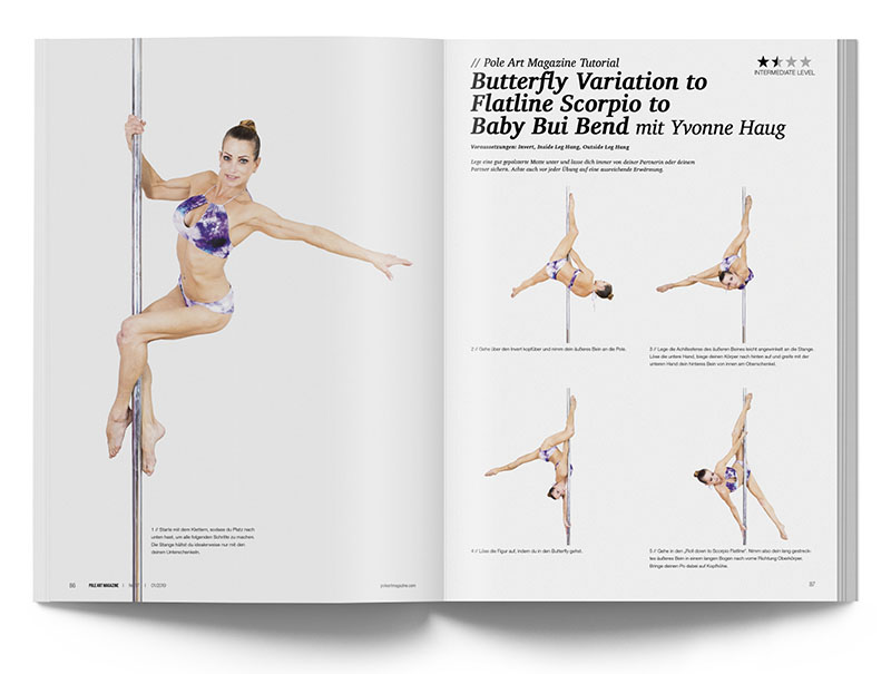 Pole Art Magazine Nr. 17 - Pole Move Tutorial: Butterfly Variation to Flatline Scorpio to Baby Bui Bend mit Yvonne Haug