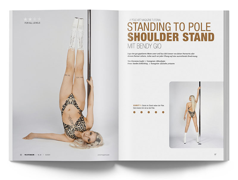 Pole Art Magazine Nr. 26 - Floor Work Tutorial: Standing to Pole Shoulder Stand mit Bendy Gio